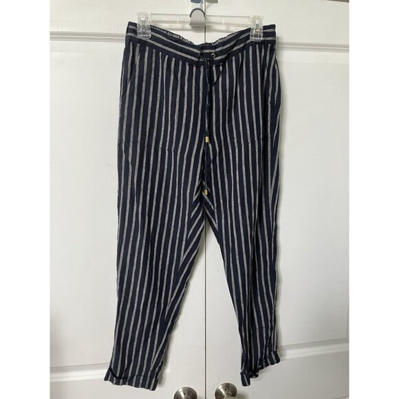 Ellen Tracy Linen Pants Womens S Blue Stripe Cropped Coastal Drawstring Boho - Picture 1 of 10